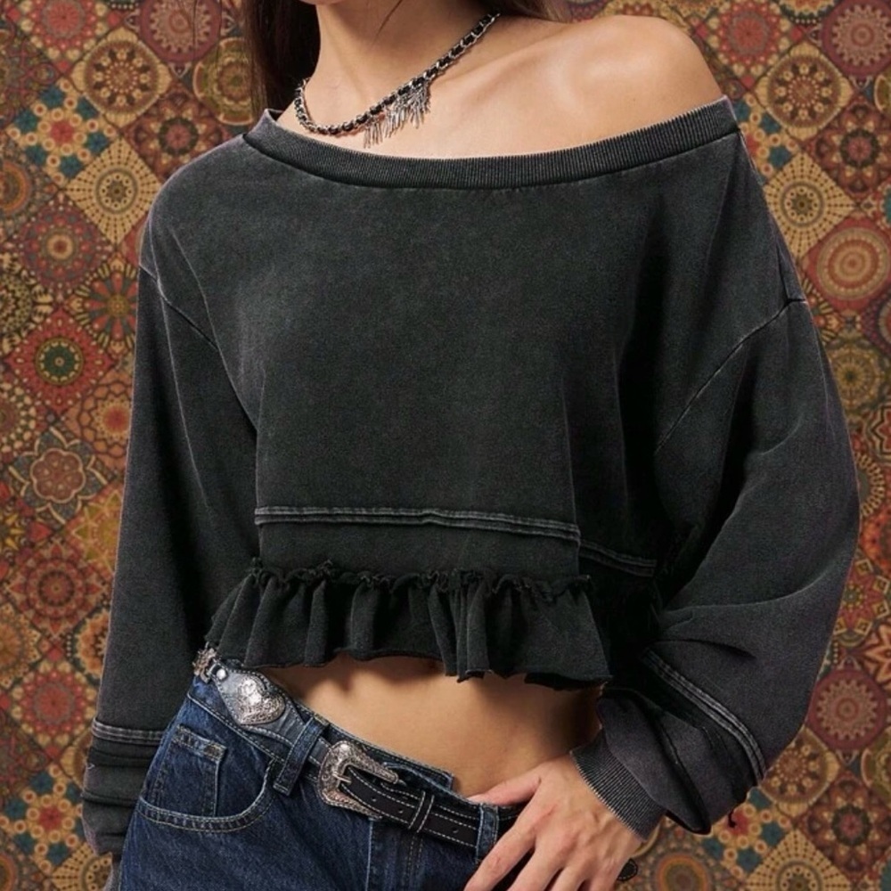 Black Off-Shoulder Ruffle Top - Picture 4 of 13